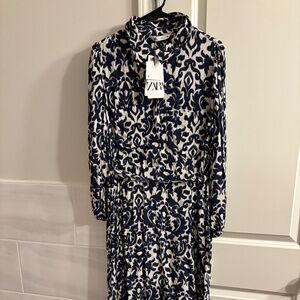 ZARA navy and white midi long sleeve dress